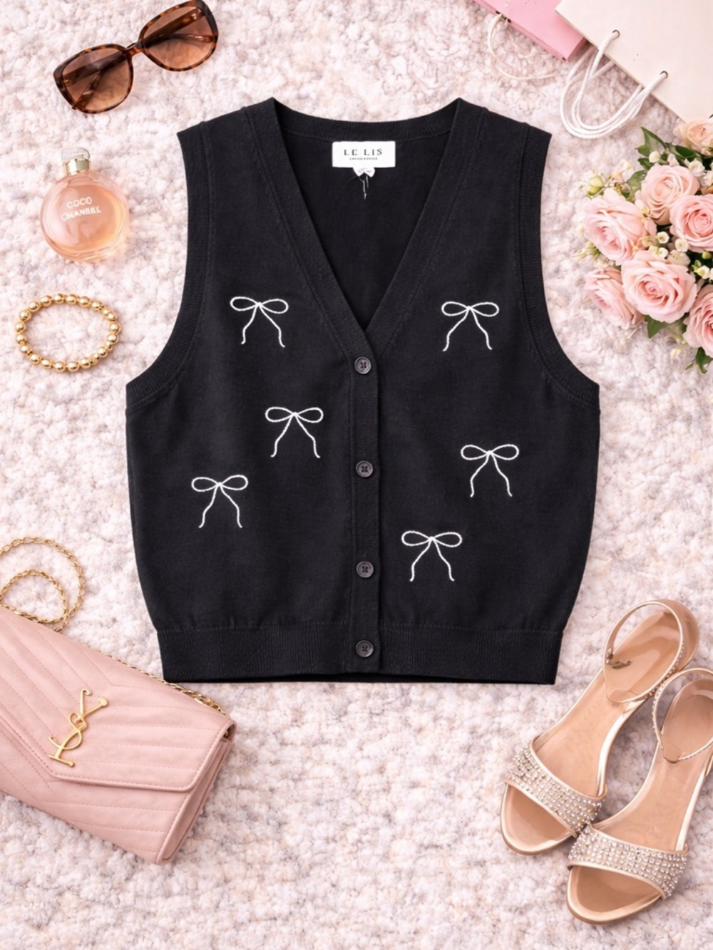 Le Lis Black Sweater Vest Bow Print Sleeveless Button Front Cardigan